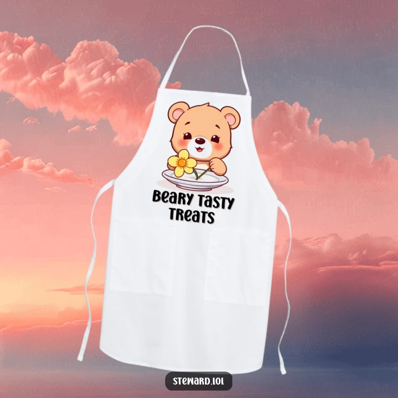 Funny apron showcasing a happy bear cub placing a vibrant flower on a plate, designed for adorable kitchen fun.