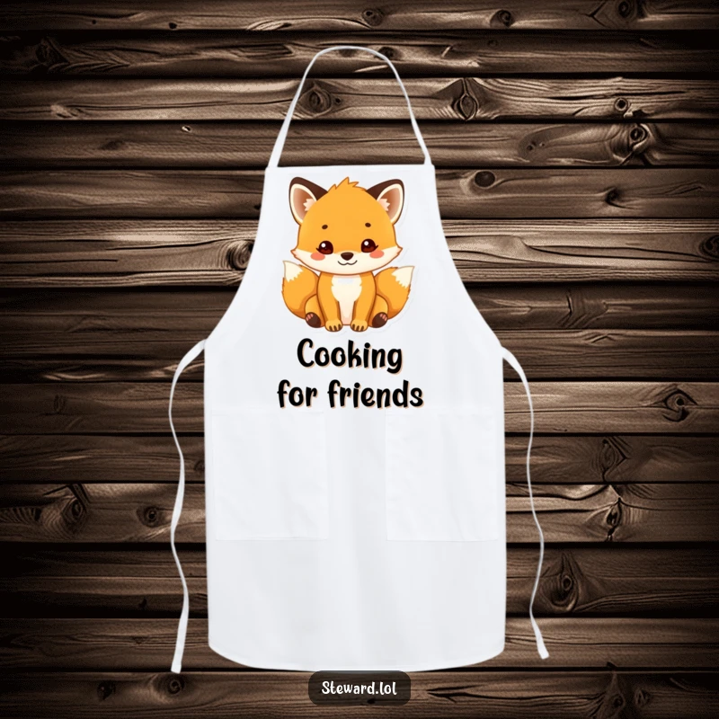 Funny Fox Apron: A cute fox cub with a welcoming smile, perfect for wearing while cooking and hosting with a humorous and friendly touch, a funny gift.