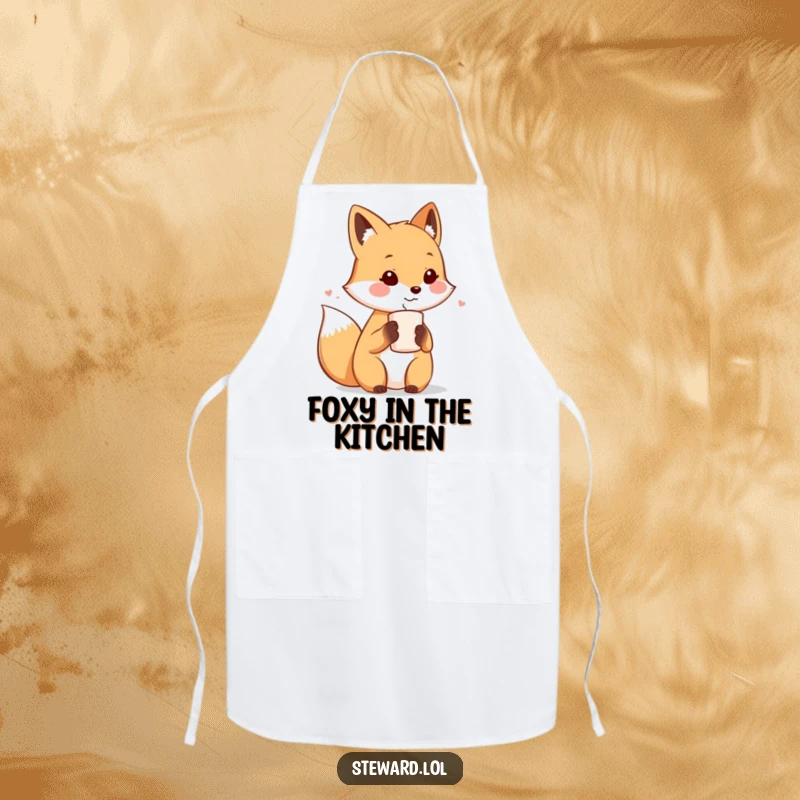 Funny apron showcasing a cute fox character offering a warm beverage, designed for charming kitchen hospitality.