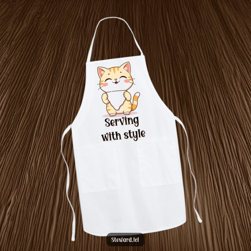 Funny playful cat apron, adjusting a napkin with a warm smile, perfect for humorous cooking and as a functional funny gift.