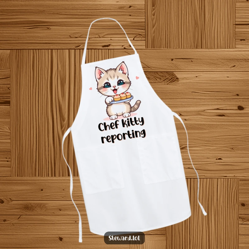 Funny Kitten Apron: A cute kitten presenting a tray of small pastries, perfect for cooking and baking with a humorous and adorable flair, a funny gift.