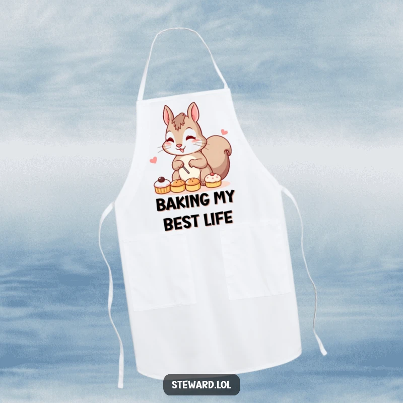 Funny apron showcasing a determined squirrel character with intense focus, arranging a colorful array of small pastries, ready for kitchen adventures.