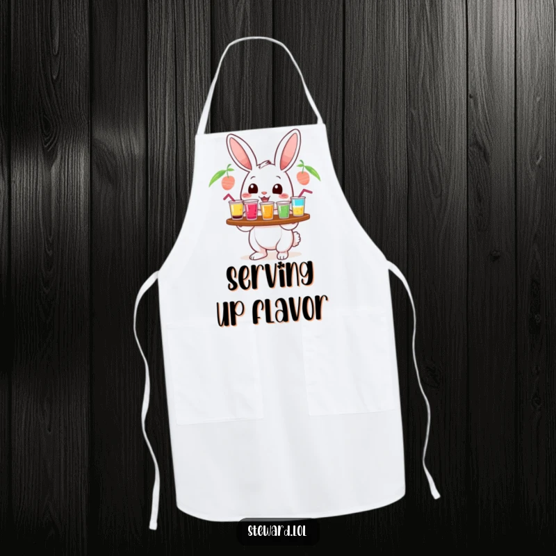 Funny cheerful rabbit apron, serving colorful drinks, perfect for humorous cooking and as a functional funny gift.
