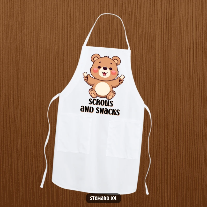 Funny apron showing a happy bear cub cheerfully handing out small, rolled scrolls while cooking or baking.