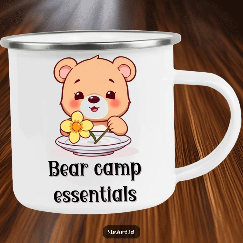 Funny enamel camping mug featuring a happy bear cub placing a flower on a plate, perfect for enjoying nature's beauty.