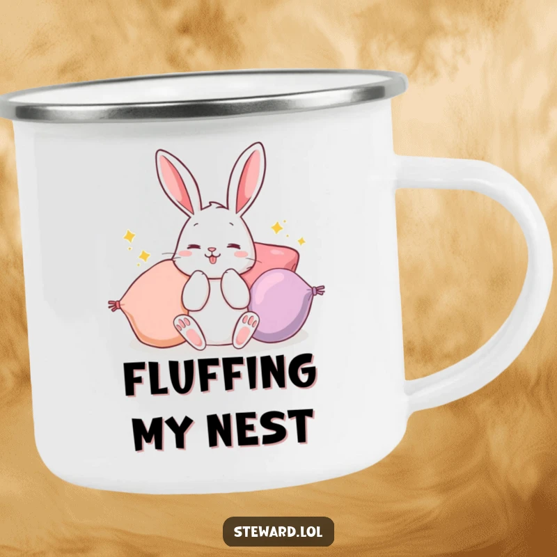 Funny Bunny Camping Mug: A sturdy mug featuring a cute bunny fluffing soft cushions, ideal for enjoying drinks outdoors with a humorous touch.