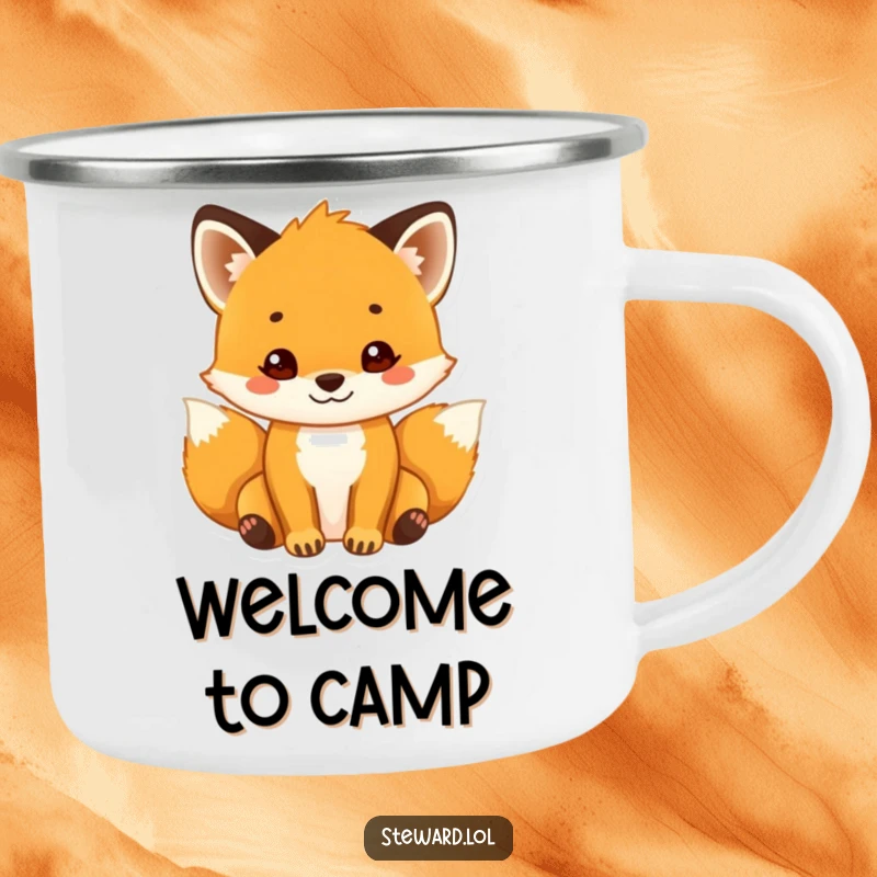 Funny Fox Camping Mug: A sturdy mug featuring a smiling fox cub with a welcoming gesture, ideal for enjoying drinks outdoors with friendly charm and humor.