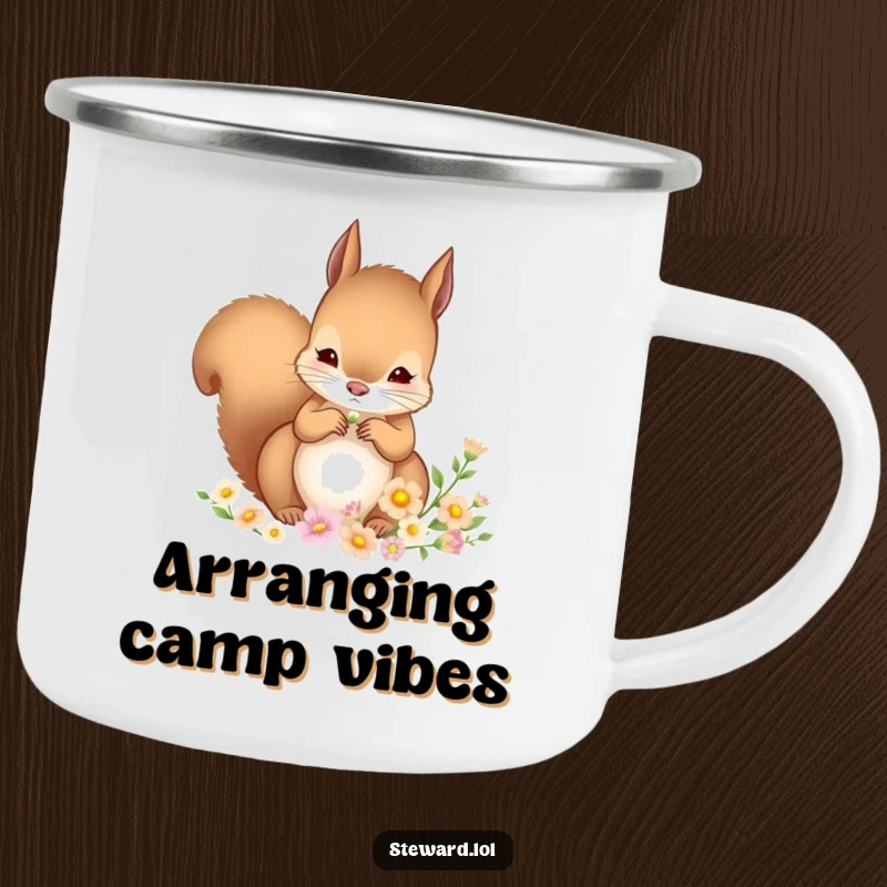 Funny Squirrel Camping Mug: A sturdy mug featuring a focused squirrel arranging small flowers, ideal for enjoying drinks outdoors with natural artistry and humor.