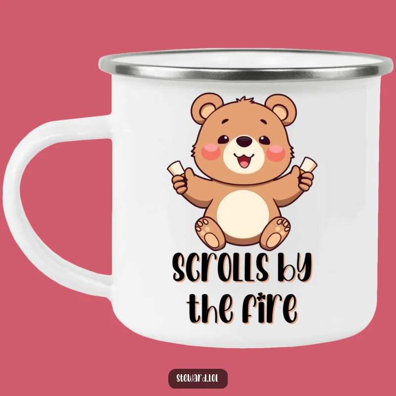 Funny Bear Cub Camping Mug: Cheerful Scroll Messenger, Outdoor Fun & Humorous Gift