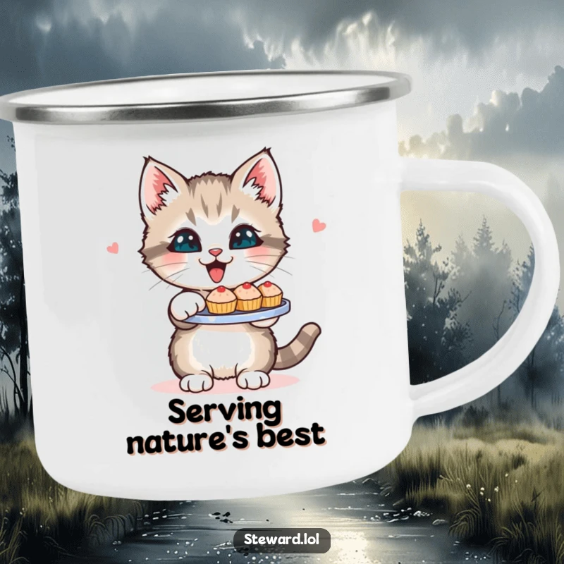 Funny Kitten Camping Mug: A sturdy mug featuring a cheerful kitten serving small treats, ideal for enjoying drinks outdoors with a humorous touch.