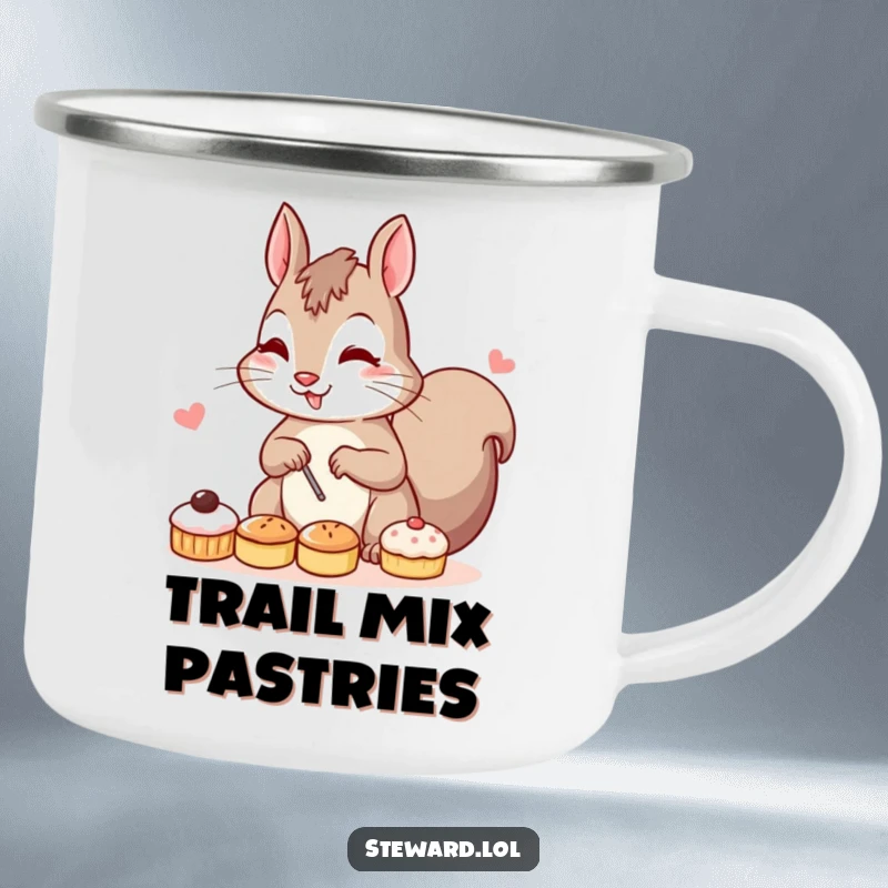 Funny enamel camping mug featuring a determined squirrel character intently arranging a variety of small pastries, ready for an outdoor snack.