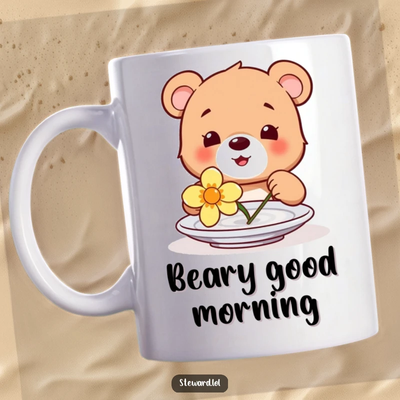 Funny mug featuring a happy bear cub gently placing a vibrant flower onto a clean white plate with a look of pure delight.