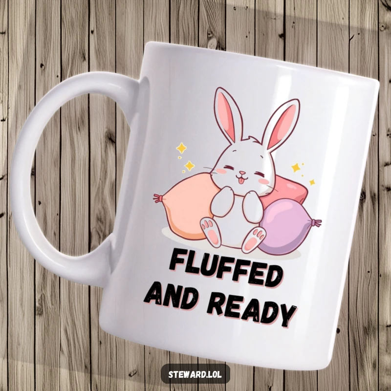 Funny Bunny Mug: A cute rabbit with paws deep in colorful cushions, fluffing them with a happy expression, a perfect funny gift.