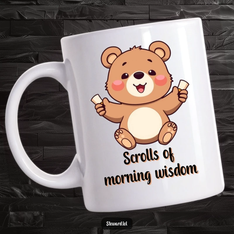 Funny mug featuring a happy bear cub holding and distributing small, rolled scrolls with a cheerful expression.
