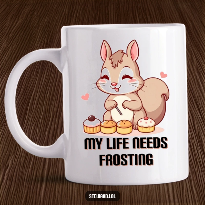 Funny mug featuring a determined squirrel character meticulously arranging a delightful assortment of small pastries with intense focus and a comical expression.