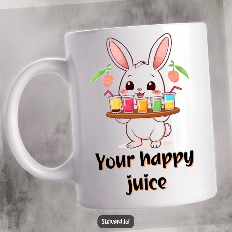 Funny cheerful rabbit character mug, serving a tray of colorful drinks with a smile, perfect for a happy vibe and a funny gift.