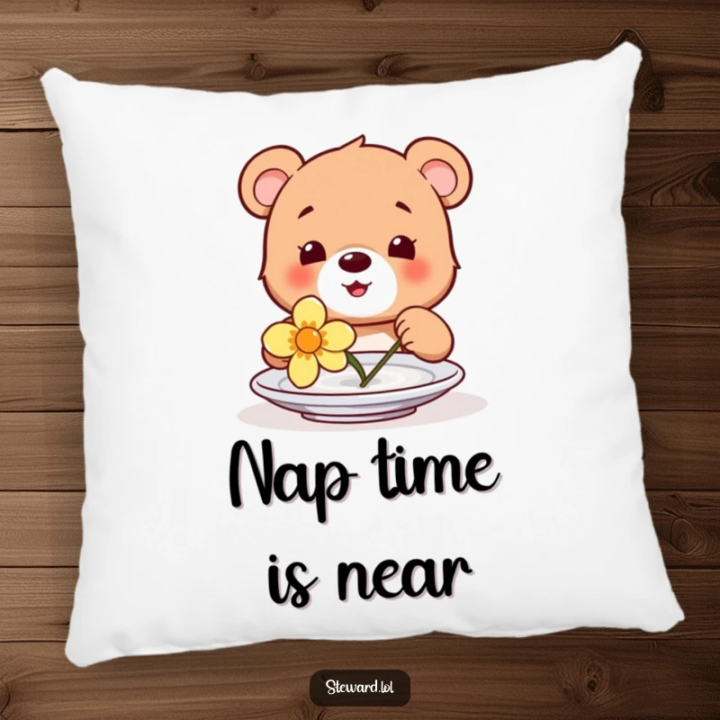Funny decorative pillow featuring a happy bear cub placing a delicate flower on a plate, symbolizing sweetness and innocent joy.