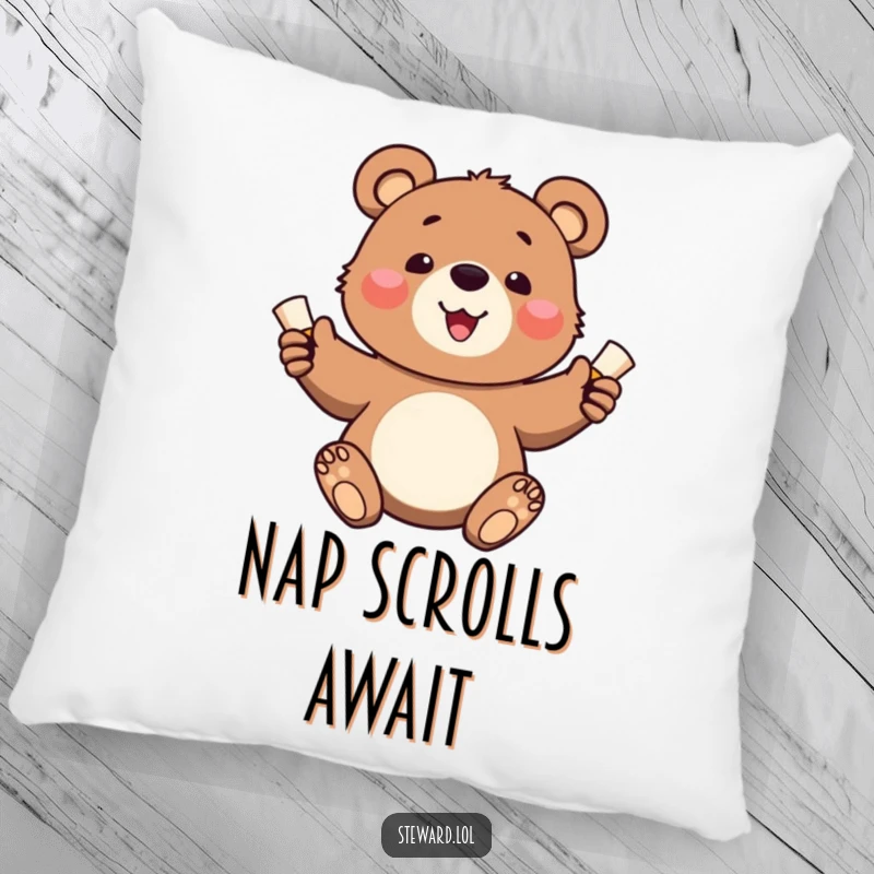 Funny pillow with a cheerful bear cub character handing out small, rolled scrolls, ideal for comfort and decor.