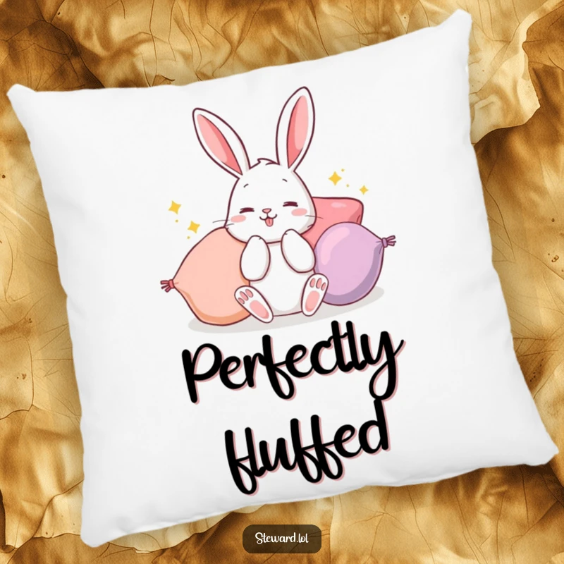 Funny Bunny Pillow: A soft pillow showcasing a busy rabbit fluffing colorful cushions, providing comfort and a funny decorative touch.