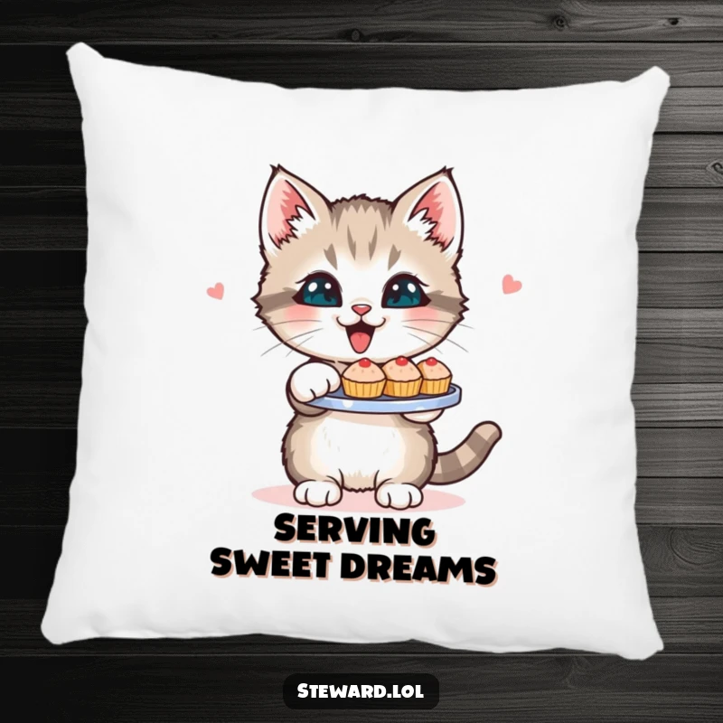 Funny Kitten Pillow: A soft pillow showcasing a happy kitten holding a tray of small treats, providing comfort and a funny decorative touch.