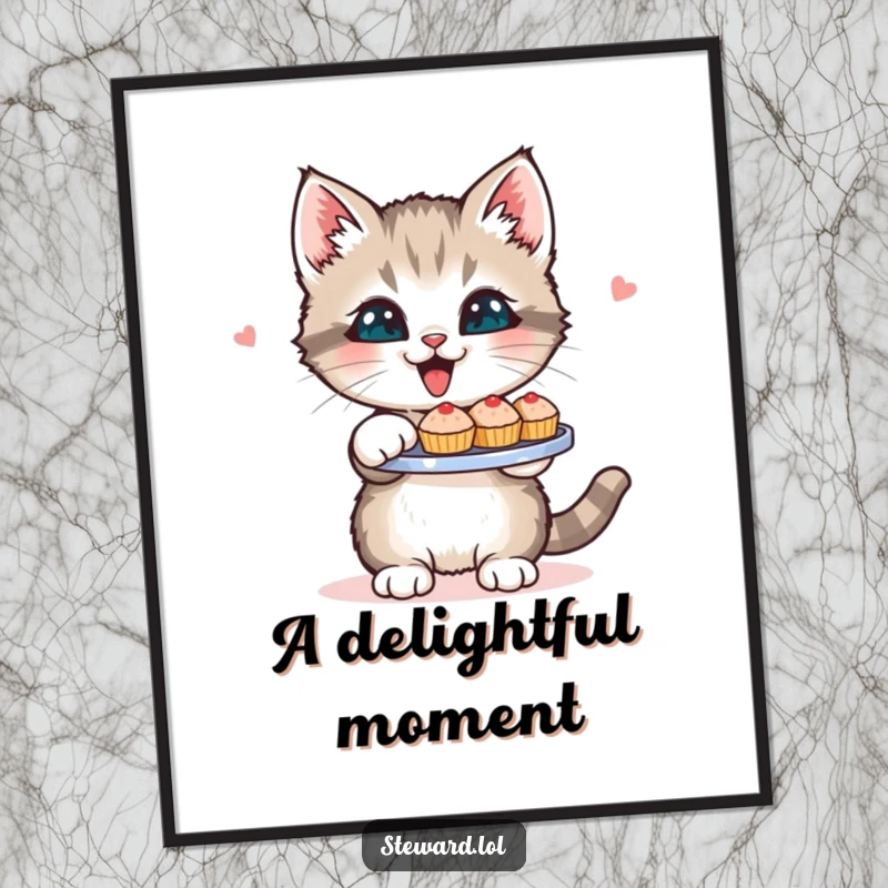 Funny Kitten Digital Art Print: A high-quality print of a joyful kitten offering a tray of small pastries, perfect for adding whimsical, humorous decor.