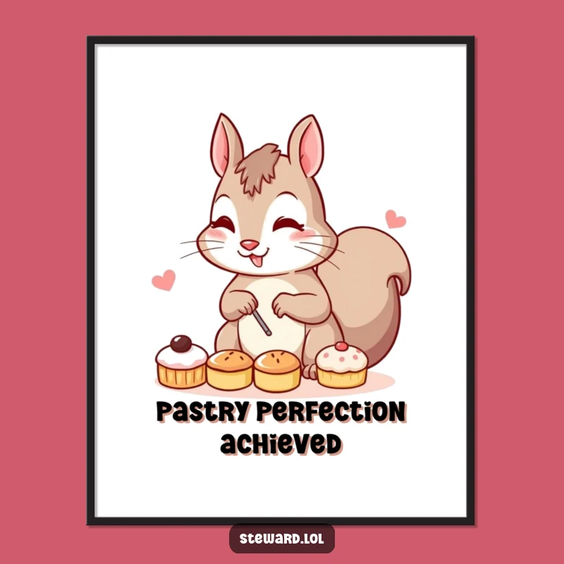 Funny Squirrel Art Print: Determined Baker Squirrel Arranging Pastries, Instant Hilarious Decor Gift!