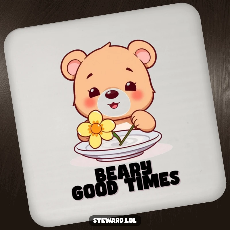 Funny drink coaster featuring a happy bear cub placing a flower on a plate, bringing gentle humor and protection.