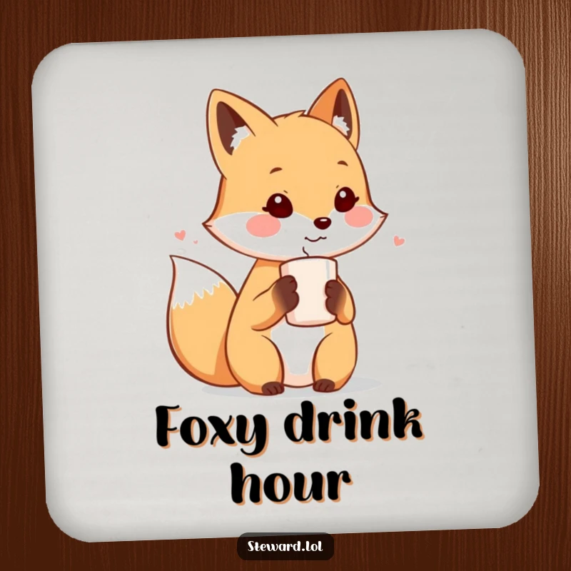 Funny drink coaster featuring a cute fox character offering a warm beverage, bringing gentle humor and protection.