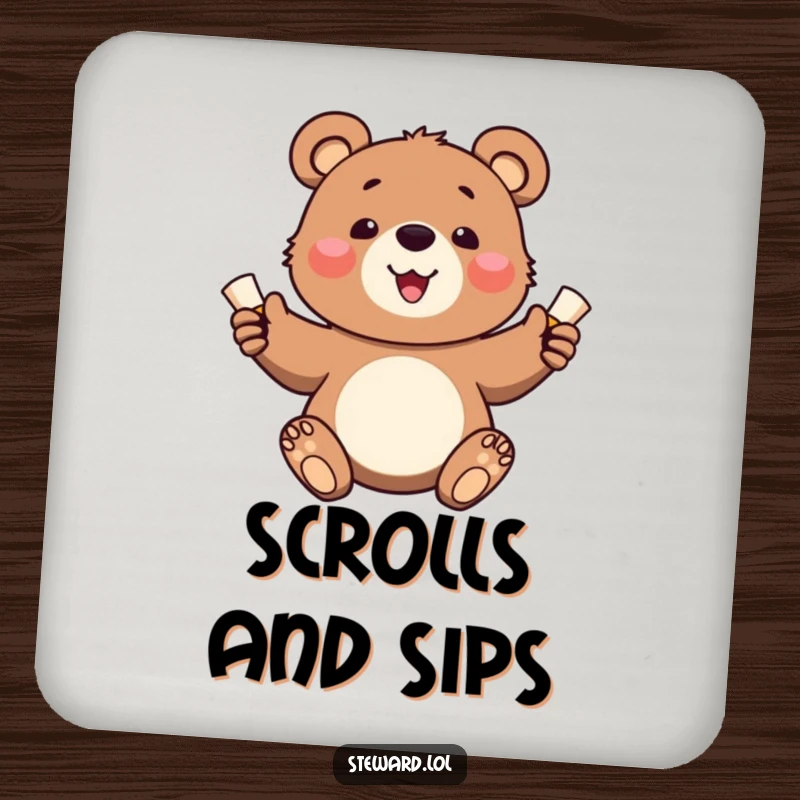 Funny drink coaster featuring a happy bear cub cheerfully handing out small, rolled scrolls, protecting surfaces.