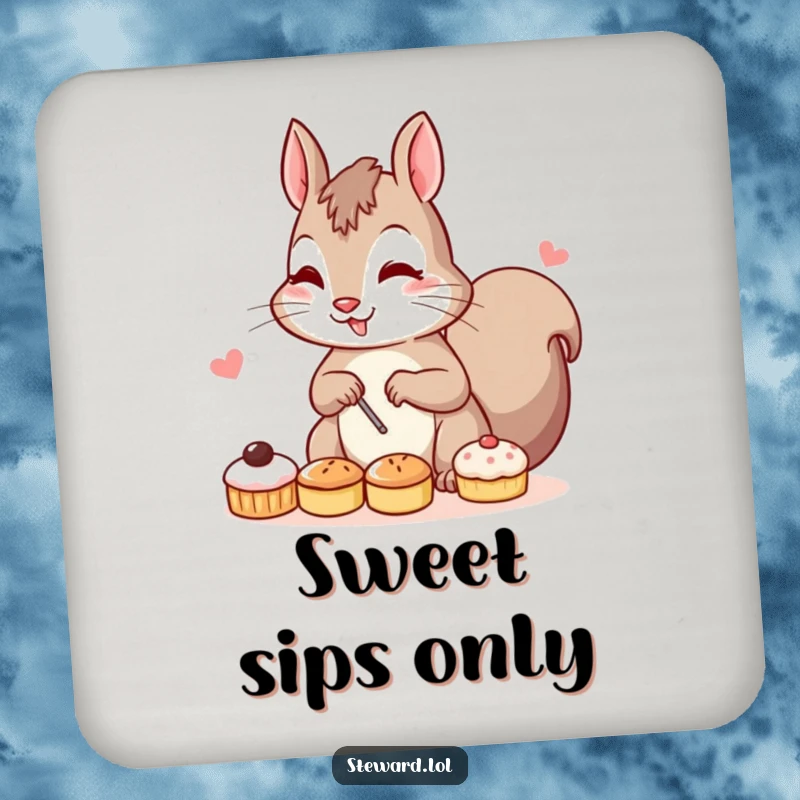 Funny drink coaster showcasing a determined squirrel character efficiently arranging small pastries, ready to safeguard your furniture with humor.