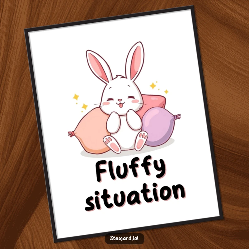 Funny Bunny Poster: An illustration of a fluffy rabbit energetically fluffing a pile of vibrant cushions, perfect for adding whimsical, humorous decor.