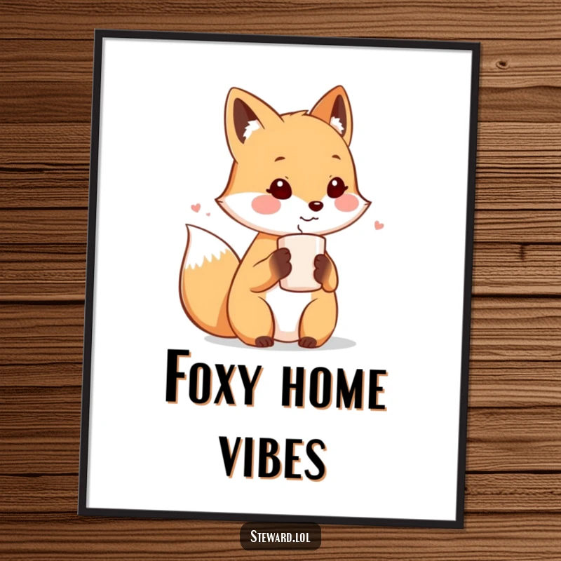 Funny poster of a cute fox character politely offering a steaming beverage to a guest, showcasing its endearing and humorous hosting.