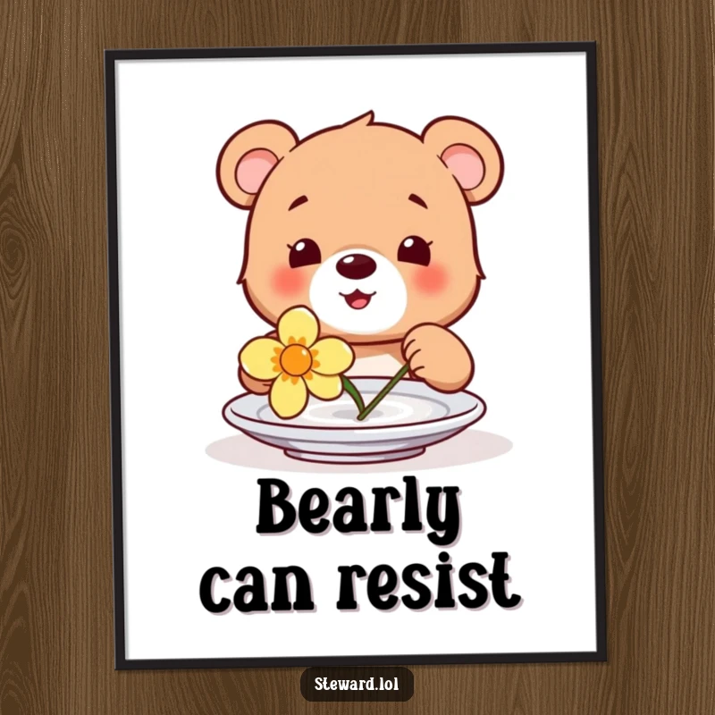 Funny poster illustration of a happy bear cub carefully placing a single flower onto a plate, radiating innocence and gentle cheerfulness.