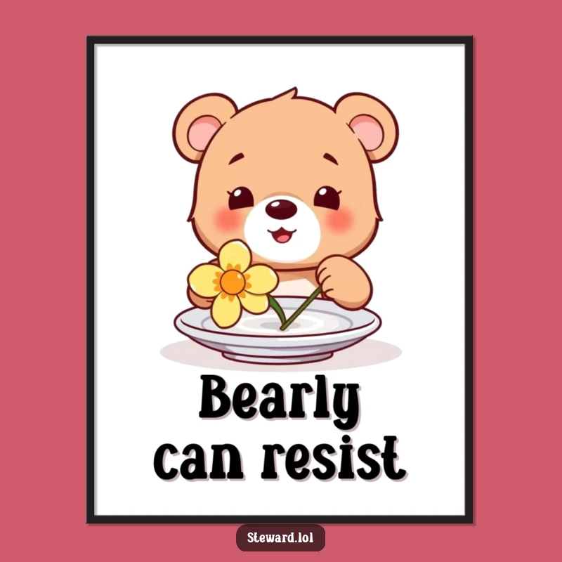 Funny Bear Cub Flower Poster: Happy Cub Plate Decorator, Sweet Wall Art Funny Gift!