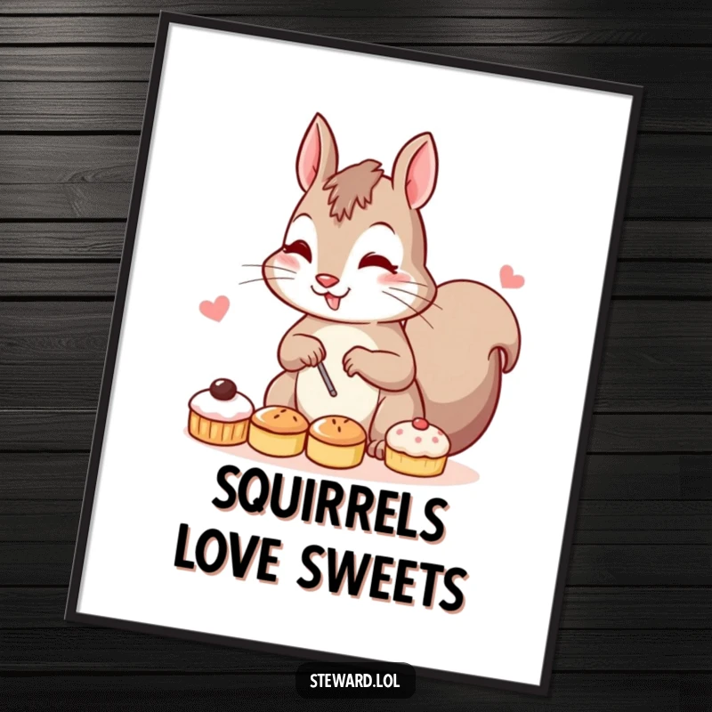 Funny poster depicting a determined squirrel meticulously arranging an assortment of small, delectable pastries with a comical expression of concentration and pride.