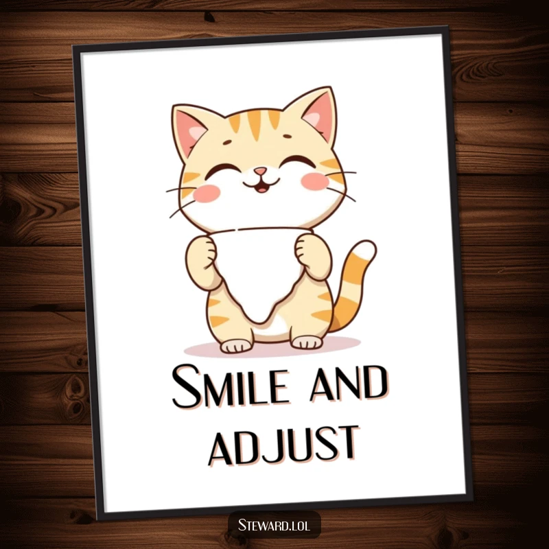 Funny playful cat poster, adjusting a napkin with a warm smile, perfect for humorous wall art and as a funny gift.