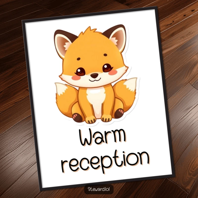 Funny Fox Poster: An illustration of a happy fox cub with a wide, inviting smile, extending a warm welcome, perfect for adding friendly, humorous decor.