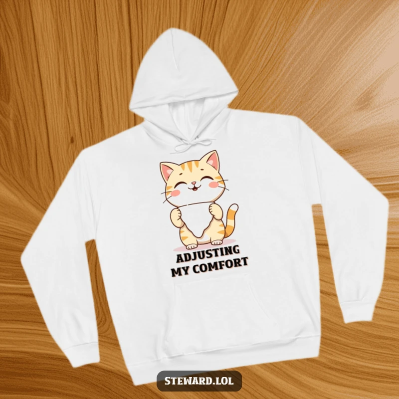 Funny playful cat hoodie, adjusting a napkin with a warm smile, perfect for cozy humor and as a cute funny gift.