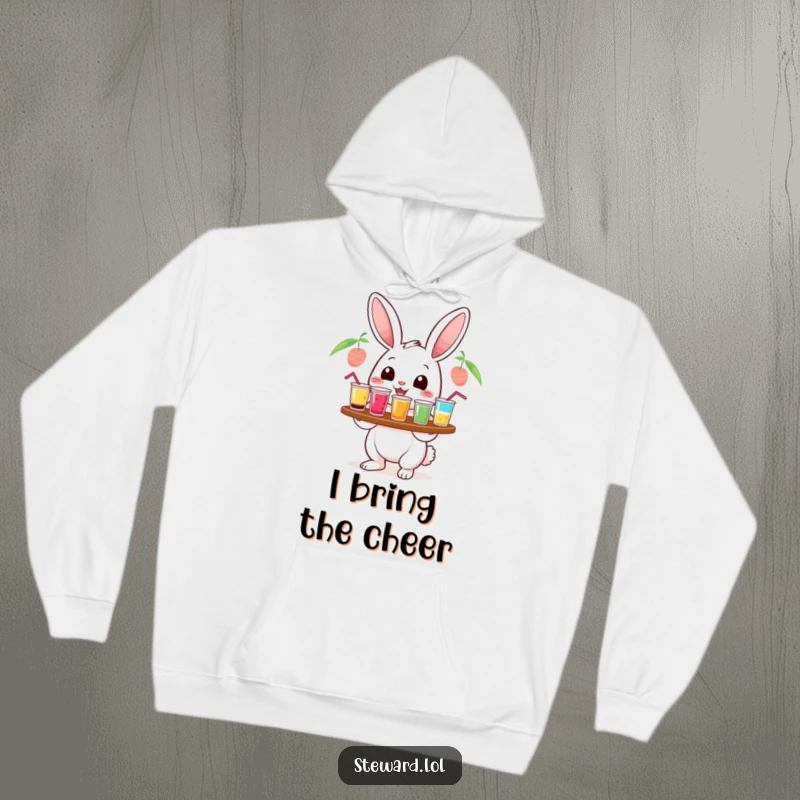Funny cheerful rabbit hoodie, serving colorful drinks with a tray, perfect for cozy humor and as a cute funny gift.