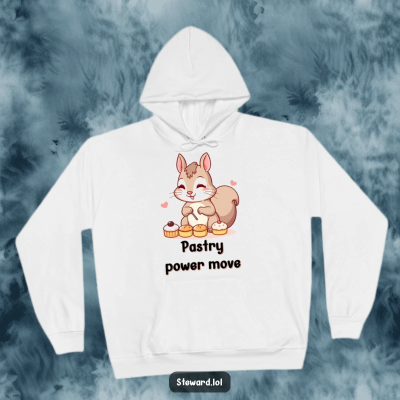 Funny hoodie featuring a determined squirrel character focused on arranging small, delicious pastries, making it a comical and warm wearable art piece.