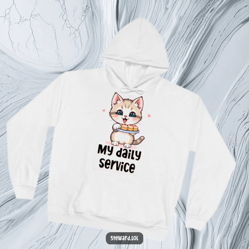 Funny Kitten Hoodie: A soft hoodie with a joyous kitten offering a platter of miniature pastries, embodying sweetness and making a wonderful funny gift.