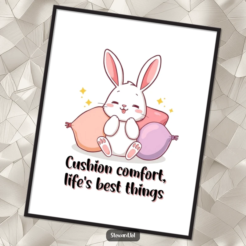 Funny Free Printable Wall Art: A cheerful bunny busily fluffing brightly colored cushions, creating a scene of ultimate comfort and playfulness.