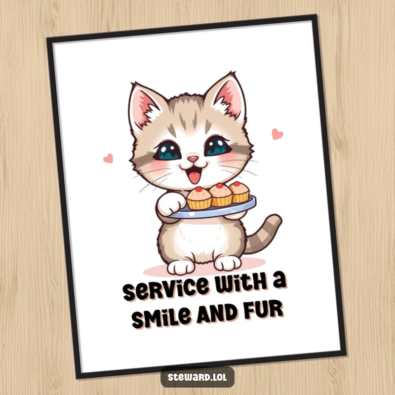 Funny Free Printable Wall Art: A cute kitten excitedly presents a tray brimming with miniature, delectable treats, showcasing playful charm.