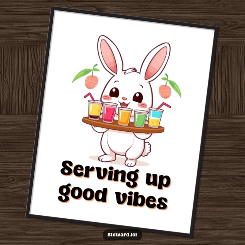 Funny Free Printable Wall Art of a cheerful rabbit character serving a tray filled with colorful, inviting drinks, radiating happiness.