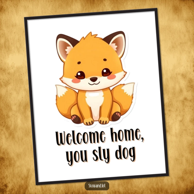 Funny Free Printable Wall Art: A little fox cub with a genuinely warm smile, radiating a friendly and inviting presence to welcome guests.