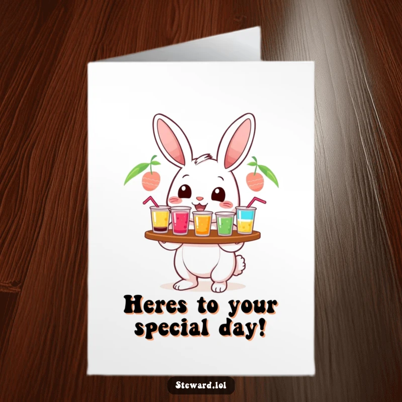 Funny Free Printable Birthday Card with a cheerful rabbit character holding a tray of colorful drinks, ready to serve birthday cheer.