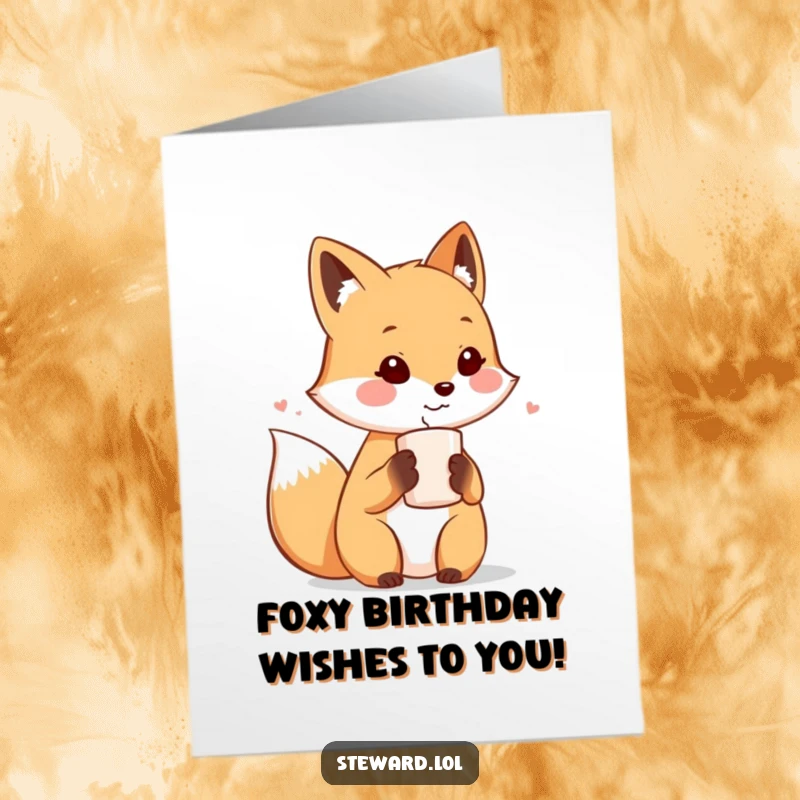Funny Free Printable Birthday Card: A cute fox character warmly offers a steaming cup of beverage to an unseen guest.