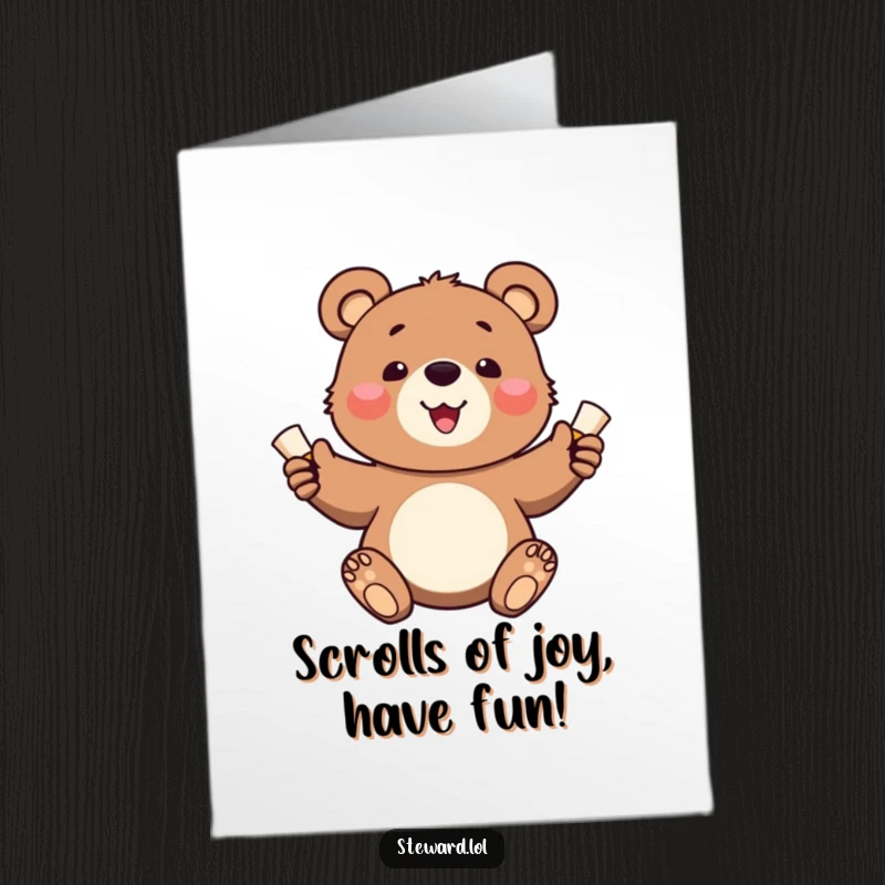 Funny Free Printable Birthday Card: Bear cub joyfully distributing tiny hand-rolled scrolls of cheer for a special occasion.