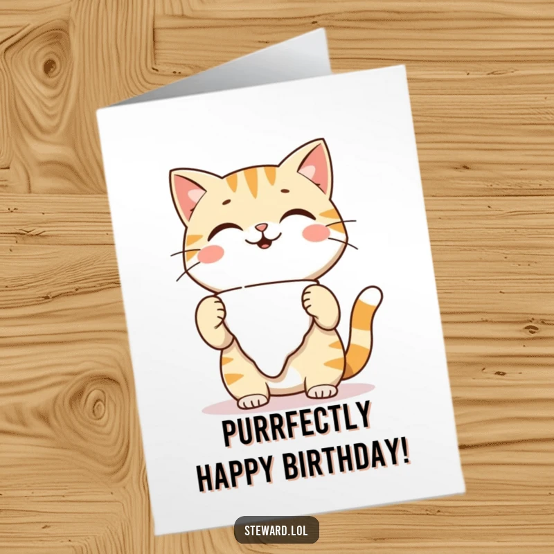 Funny Free Printable Birthday Card: A playful cat with a warm smile adjusts its napkin, ready for a birthday feast.