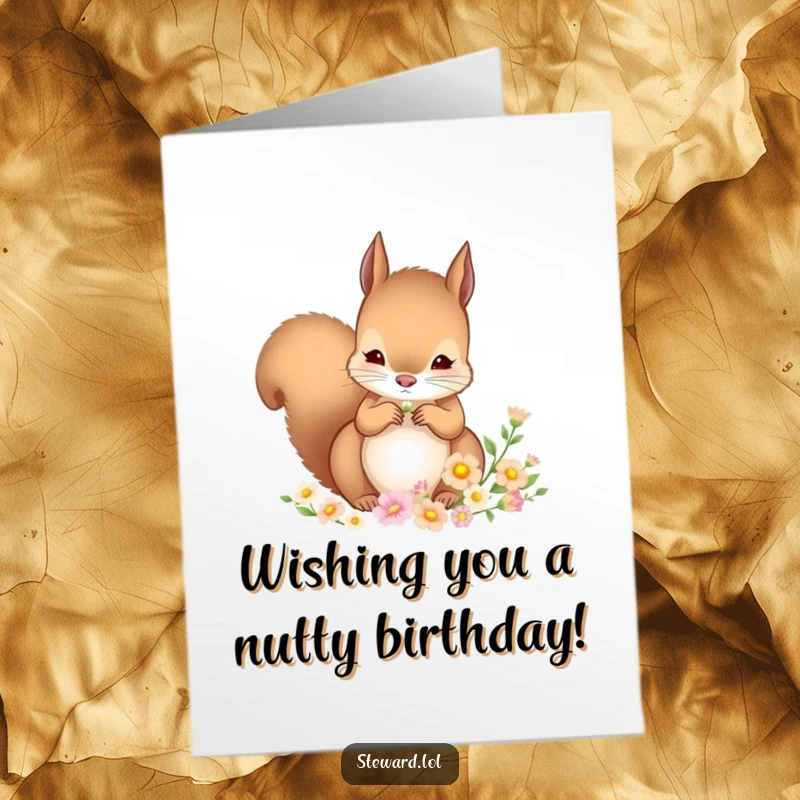 Funny Free Printable Birthday Card: A charming squirrel carefully arranging tiny, delicate flowers into a beautiful birthday bouquet.